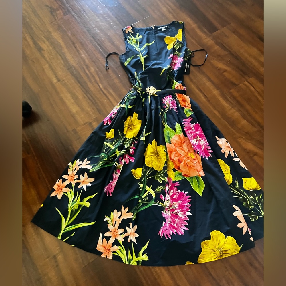 New Karl Lagerfeld Navy Floral Sleeveless Fit-and-Flare Dress size 10 - Picture 10 of 16